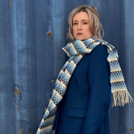 wild Atlantic way tweed scarf worn on women with blue coat