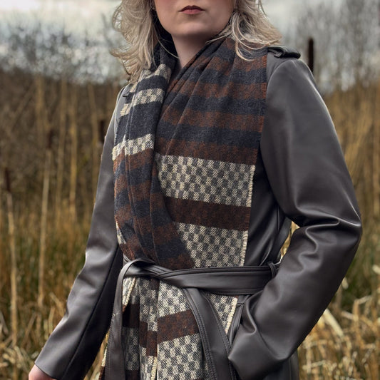 Speckled Wood Tweed scarf in warm brown and cream hues, traditional Irish tweed design, soft merino wool, handmade in North Donegal