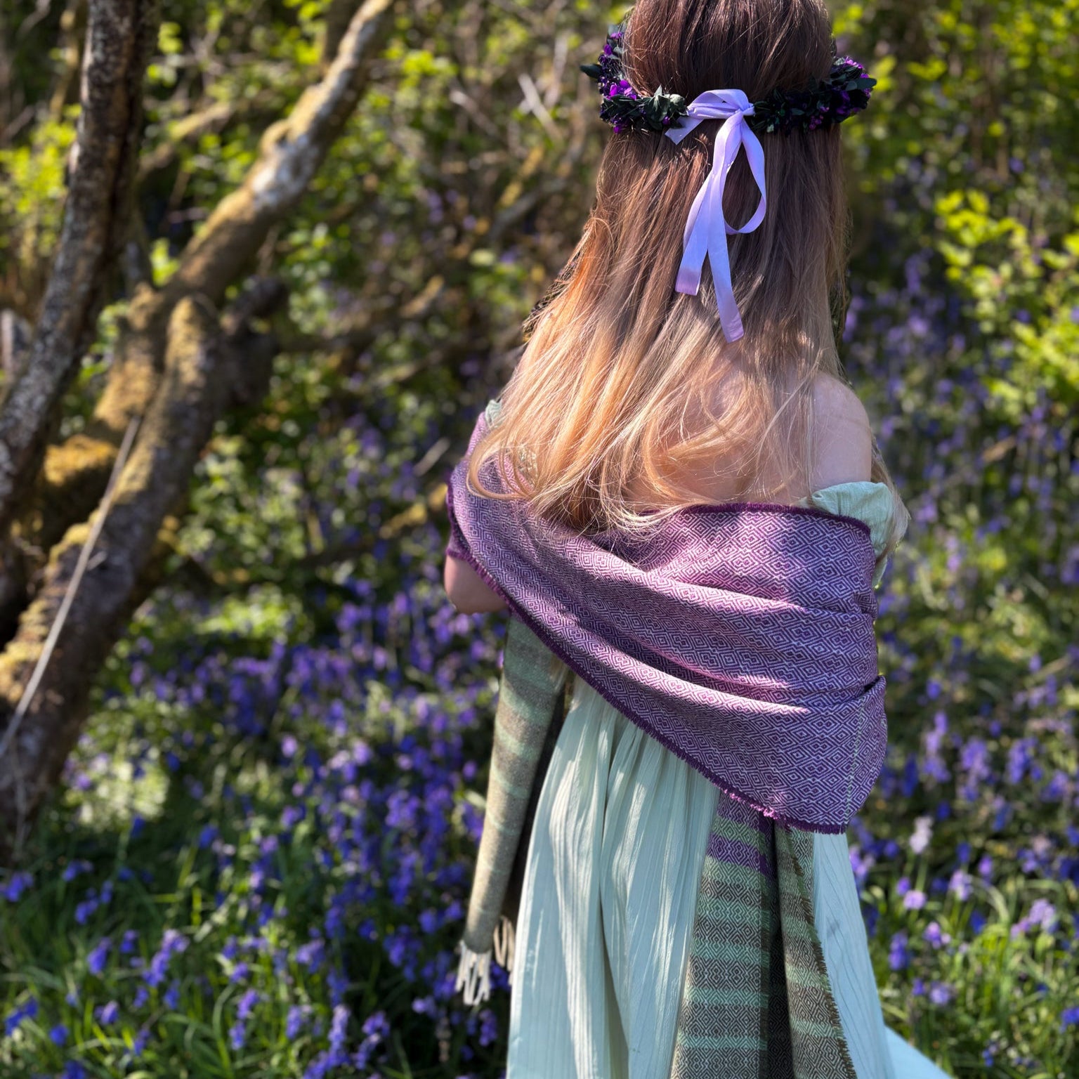Bluebells Scarf in soft purple and green hues, inspired by Irish woodland flowers, 100% merino lambswool donegal tweed