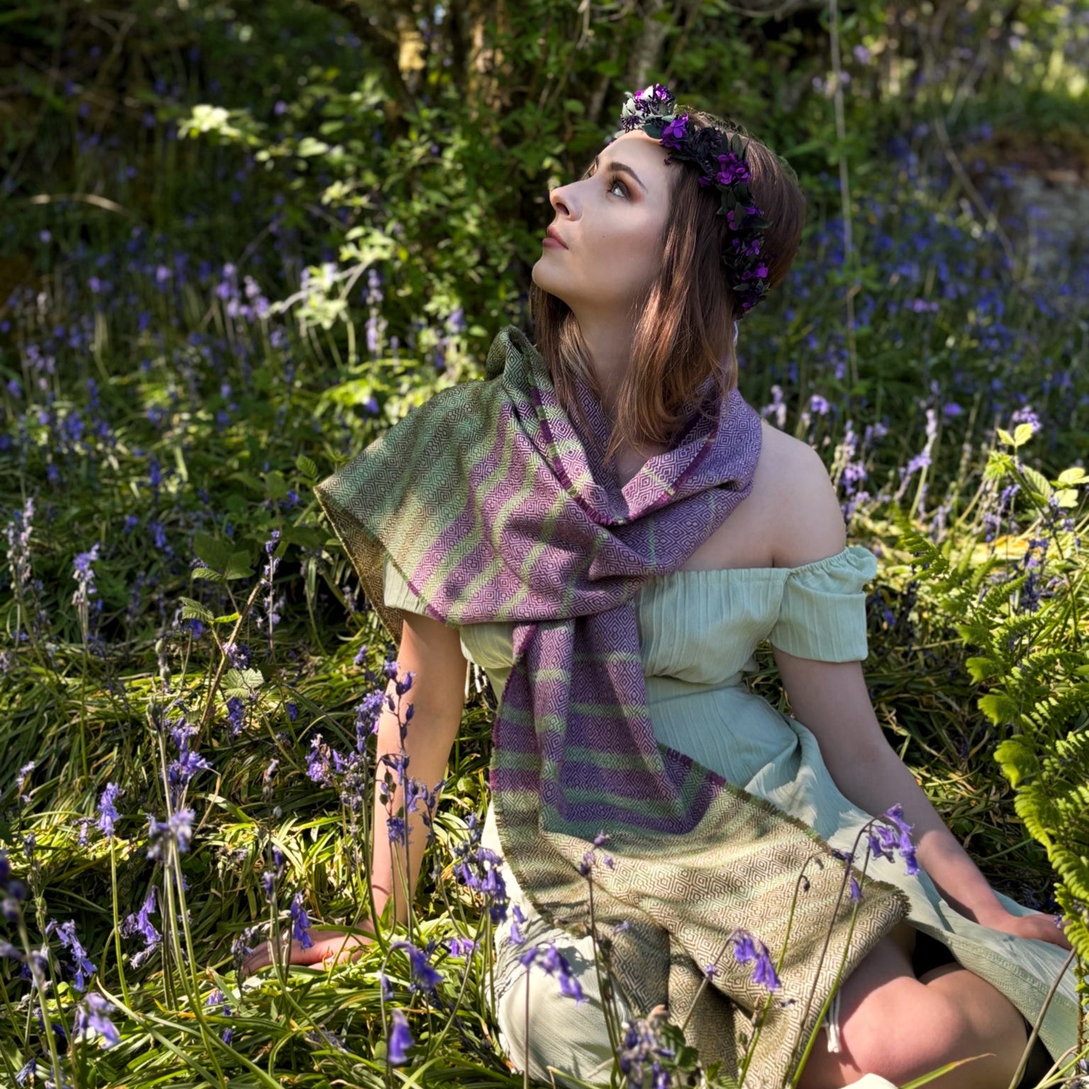 Bluebells Scarf in soft purple and green hues, inspired by Irish woodland flowers, 100% merino lambswool donegal tweed