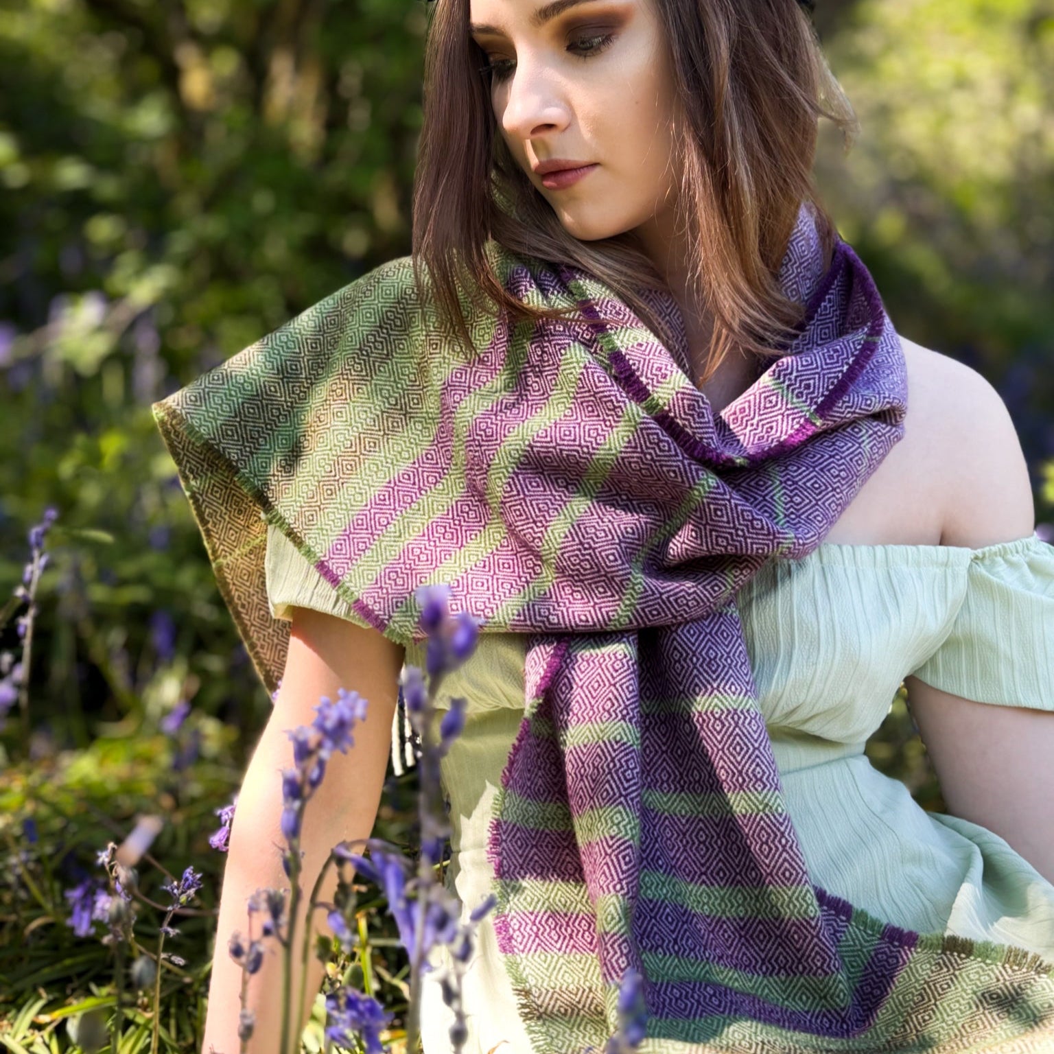 Bluebells Scarf in soft purple and green hues, inspired by Irish woodland flowers, 100% merino lambswool donegal tweed