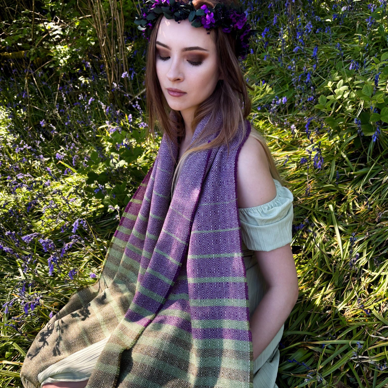 Bluebells Scarf in soft purple and green hues, inspired by Irish woodland flowers, 100% merino lambswool donegal tweed