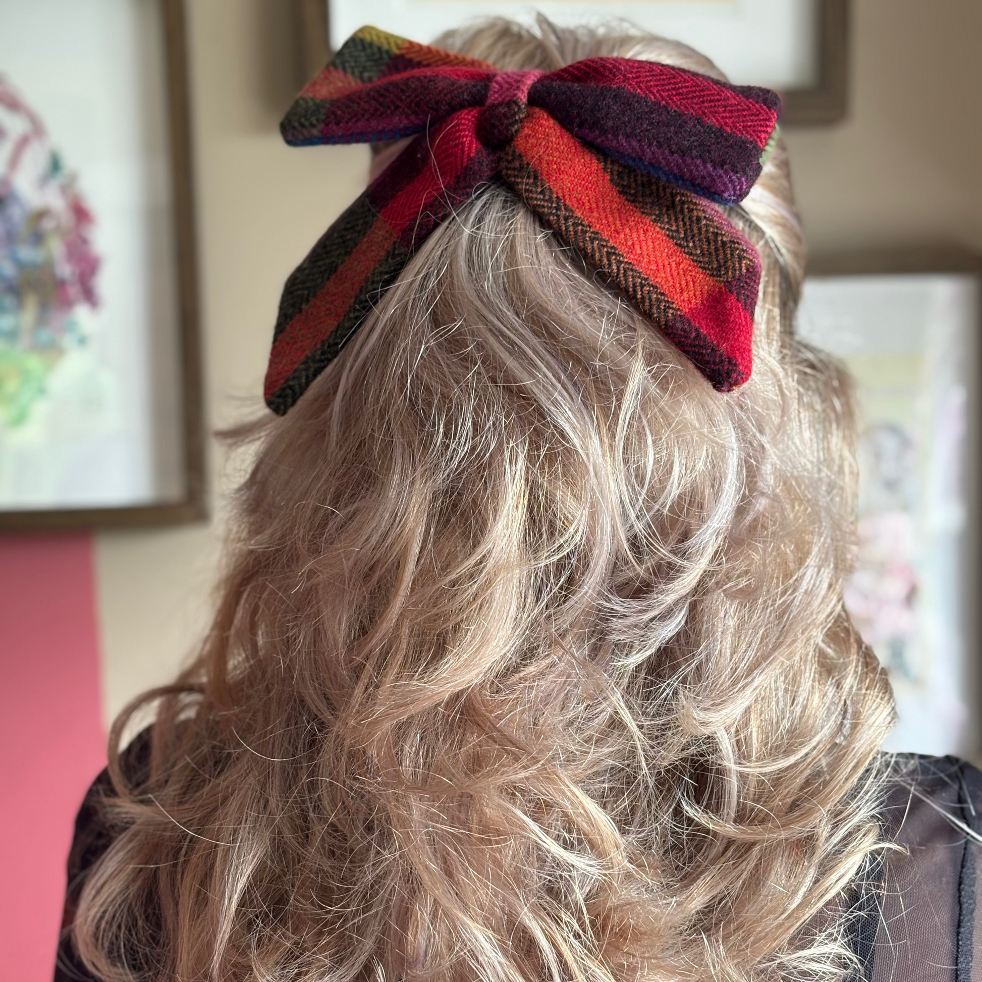 Person with wavy blonde hair wearing a colorful striped tweed hair bow in front of framed pictures.