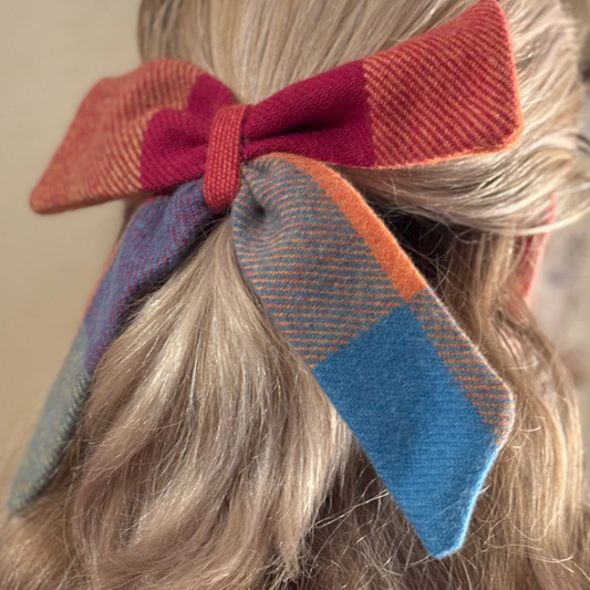 Handmade Donegal Tweed Hair Bows – Large orange Blue check
